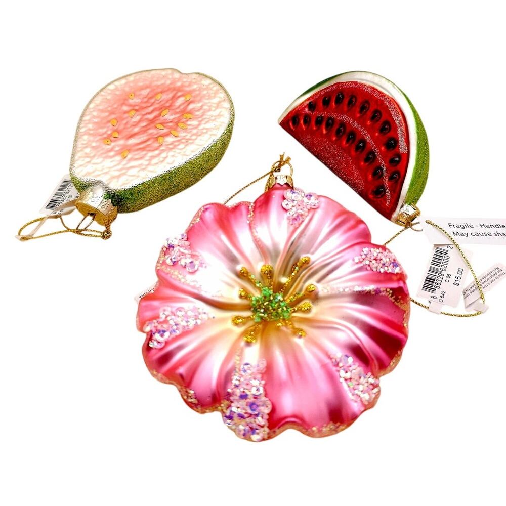 Set of Three Premium Glass Ornaments Flower Watermelon Guava Bloomindgales Xmas